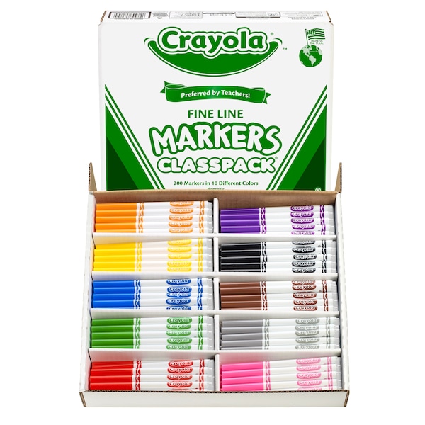 Non-Washable Classpack Markers, Fine Point, 10 Colors, PK200